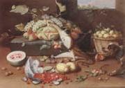 Jan Van Kessel the Younger Still life of a watermelon,pears,grapes and melons,plums,apricots and pears in a basket,with a dog surprising a monkey and fraises-de-bois spilling ou oil painting artist
